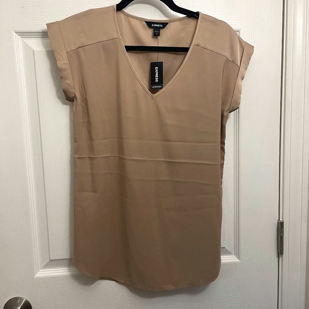 Express Tan Satin V-Neck